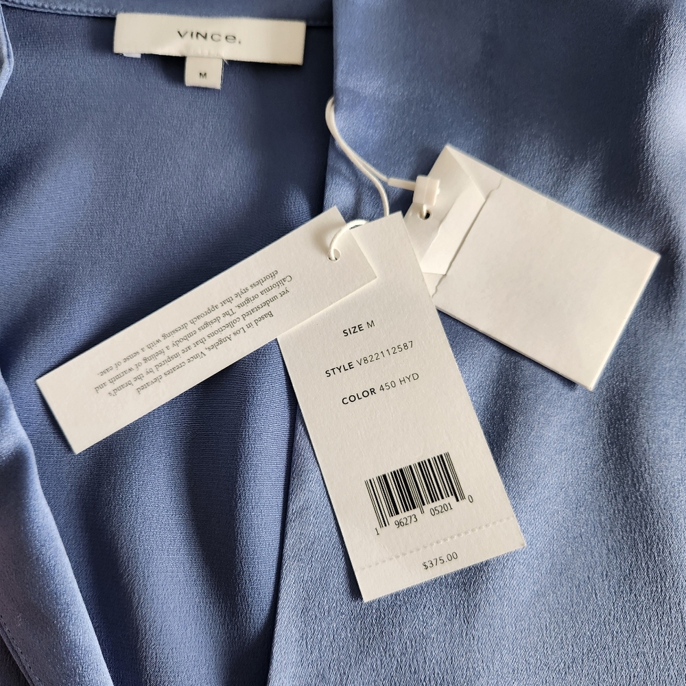 Vince Silk Long Sleeve Blouse Size Medium Coastal Blue New With Tags Retail $375 - Picture 11 of 12